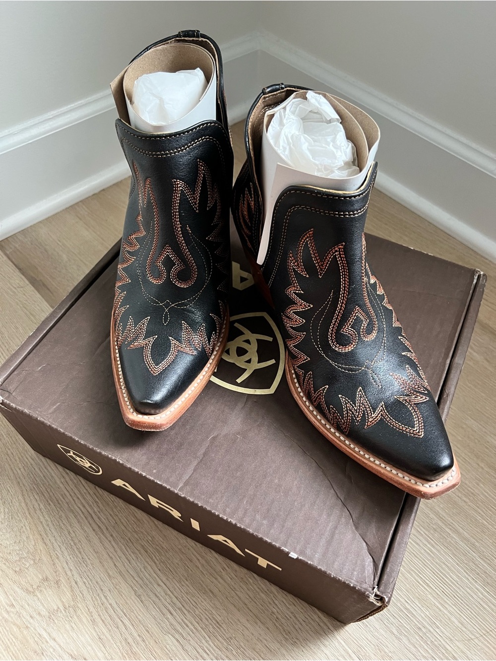 Ariat Black Ankle Western Boots with Brown Accents - Picture 3 of 7